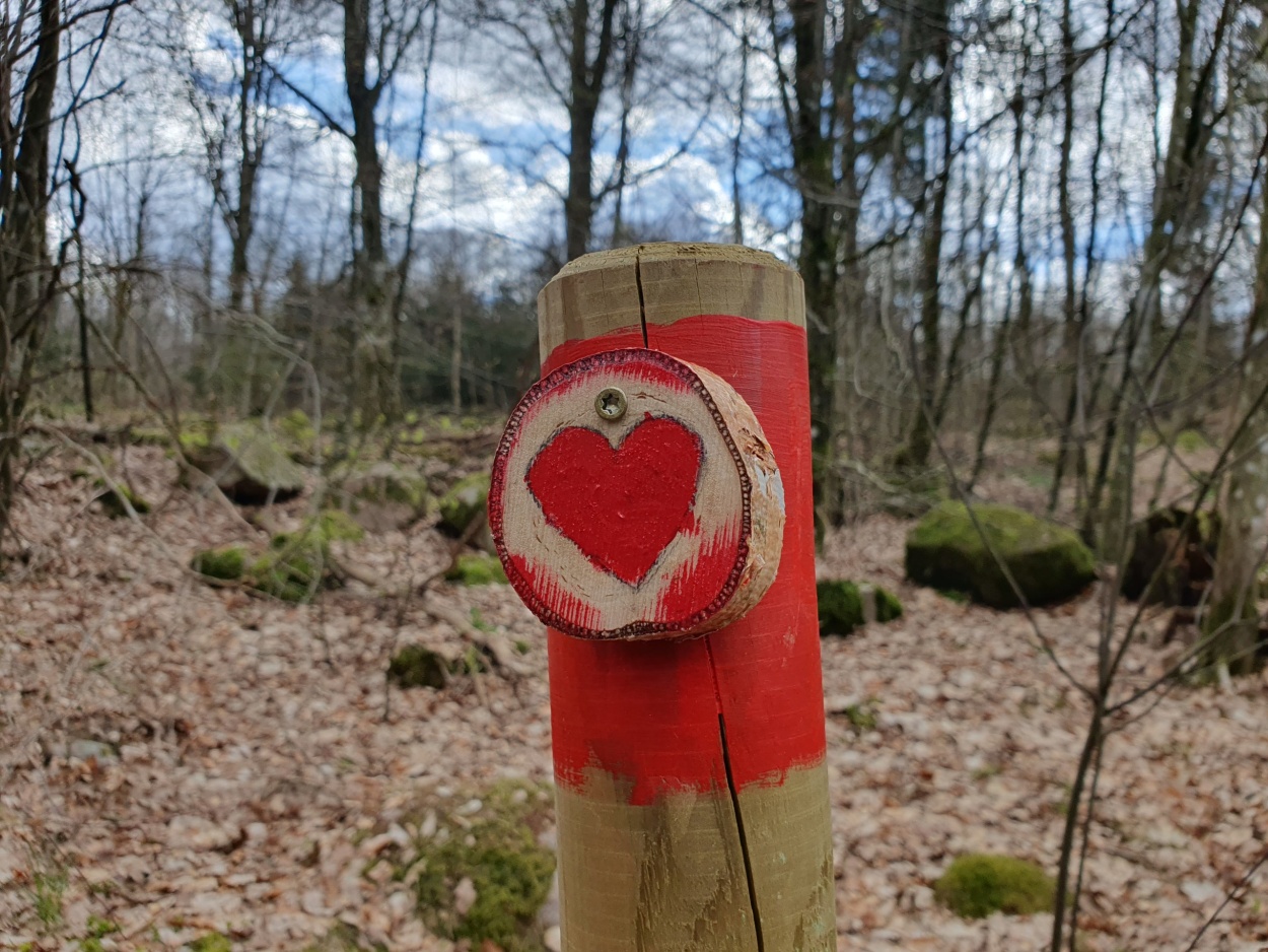 Bild på stolpe i trä med en röd markering med ett rött hjärta.