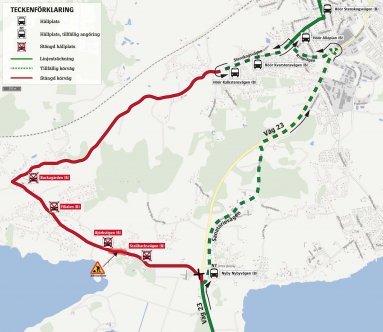 Karta mede avstängda hållplatser, tillfällig körväg och tillfälliga hållplatser.