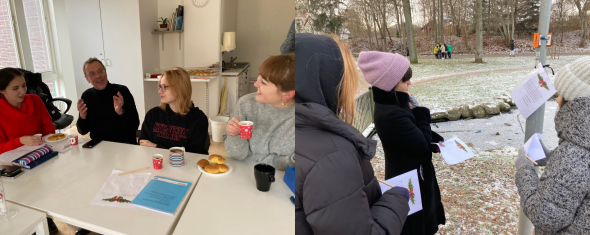 Bild 1: Människor sitter runt ett bord och fikar och har det trevligt. Bild 2: Människor är ute och det är kallt. De går en tipspromenad.