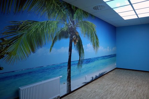 En vägg med tapeter som har en palm och en sandstrand.