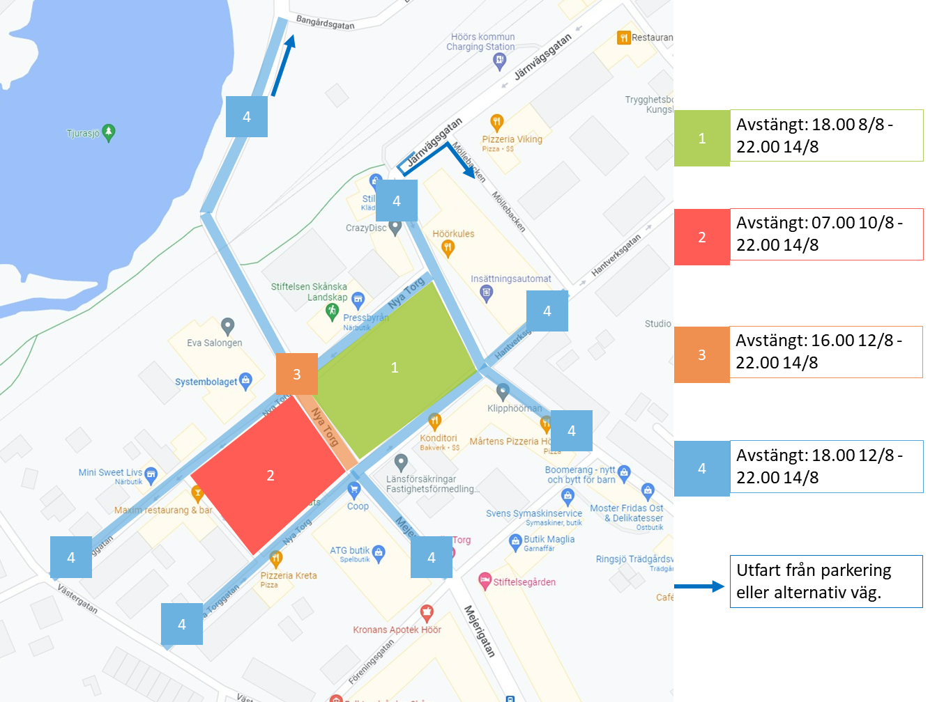 Karta med avstängda vägar inför Höörs marknad.