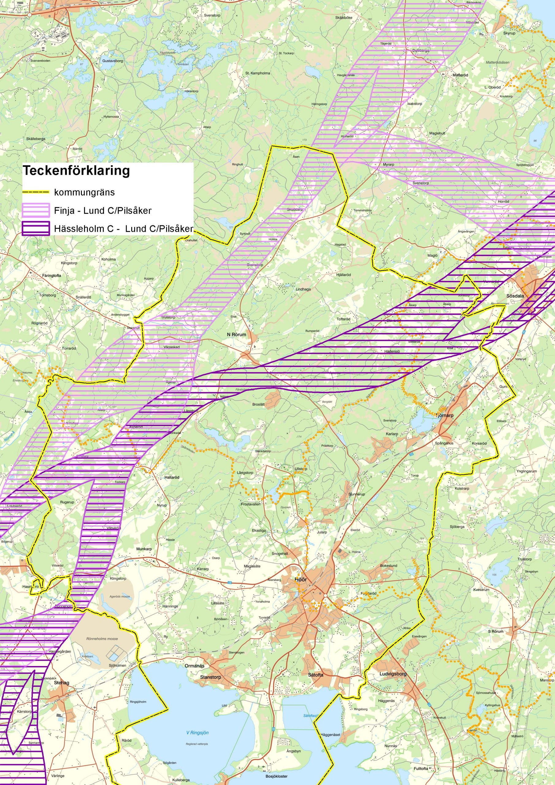 Lokaliseringsalternativ, korridorer, mellan Hässleholm och Lund.